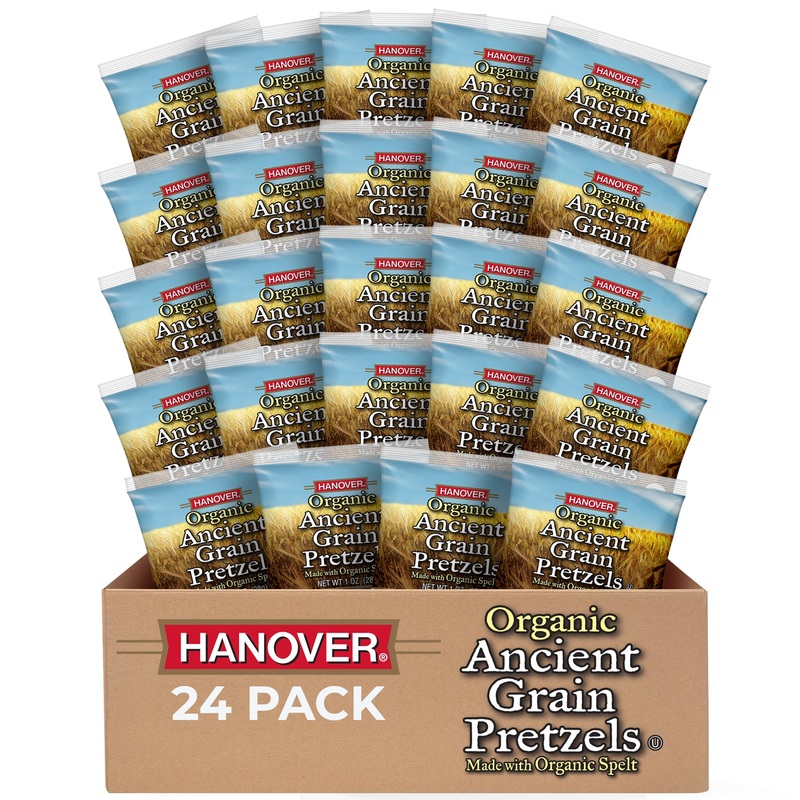 Hanover Organic Ancient Grain Spelt Pretzels, Low Fat, Kosher, Non-GMO, Sea Salt, Mini Packs, 1 Ounce, 24 Count