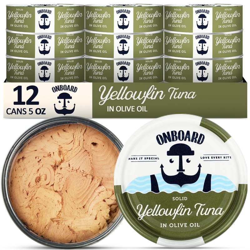 Onboard Premium Yellowfin Tuna In Olive Oil – 12 Pack Solid Light 5 Oz Cans Sustainably Wild Caught Canned Tuna, Non Gmo, Gluten