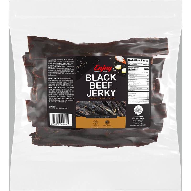 Enjoy Black Beef Jerky 16 Oz (Pack Of 1) | Traditional Style | Usa Made | High Protein | Low Fat | Zero Trans Fat | No Preservat