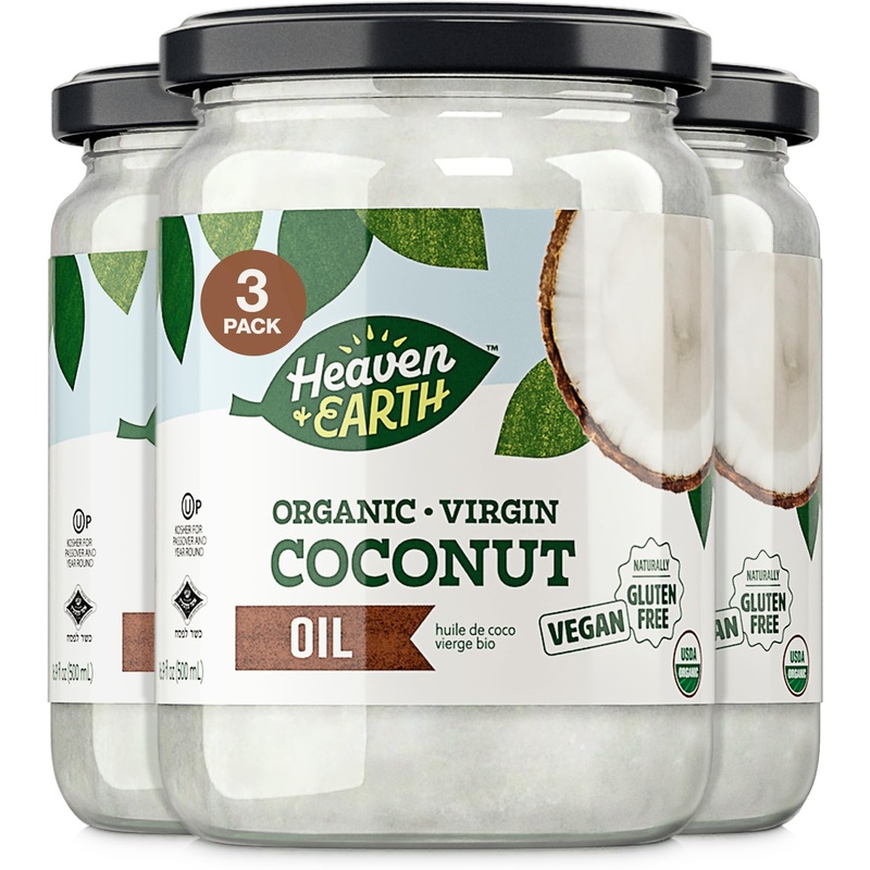 Heaven & Earth Organic Unrefined Virgin Coconut Oil, (3 Pack) 16Oz | Glass Jar | Cold Pressed | Coconut Oil For Cooking, Hair &