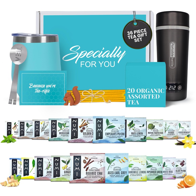 Mothers Day Gifts For Mom Organic Gift Set With Portable Kettle – 36 Piece Gift For Tea Lovers – Includes Insulated Mug, Assorte