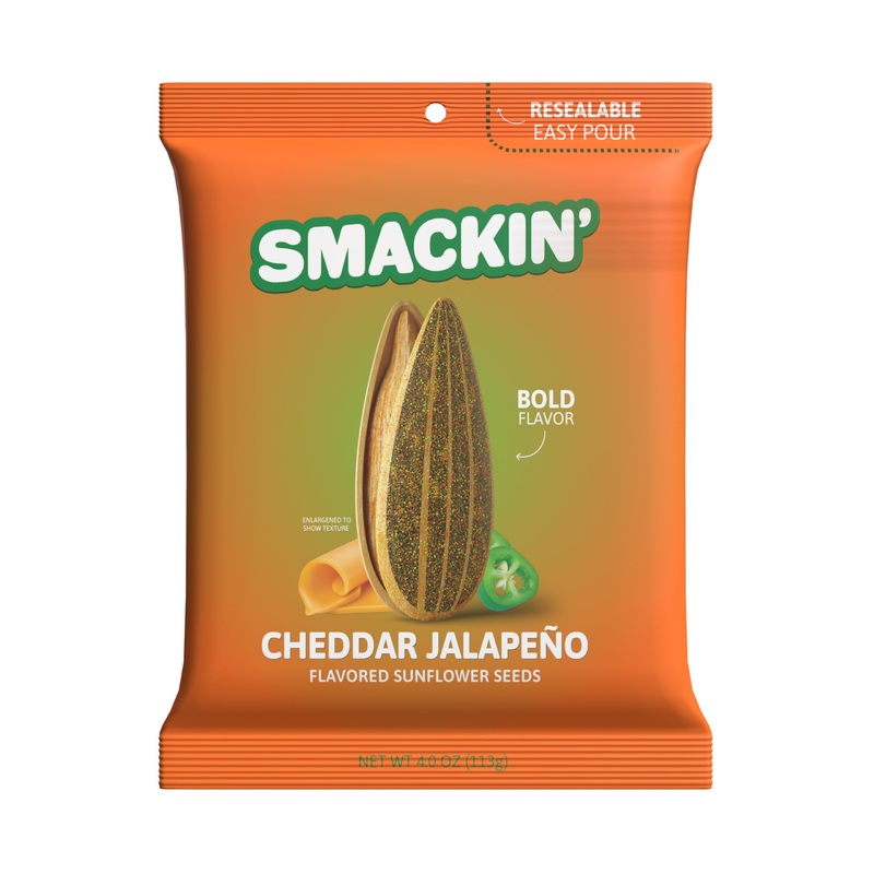 Smackin’ – Jumbo Roasted Sunflower Seeds, No Salty Burn, American Made, Easy Pour & Seal – Cheddar Jalapeo, 4Oz Bag (12 Bags)