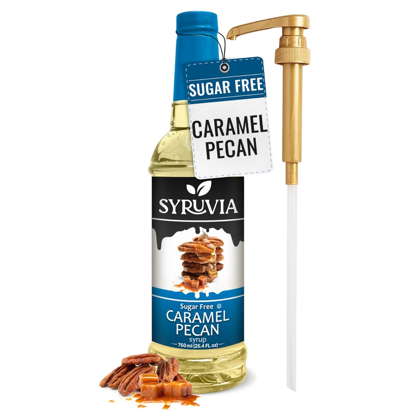 Syruvia Sugar Free Caramel Pecan Syrup With Syrup Pump Dispenser – Caramel Pecan Coffee Syrup Flavor, 25.4 Fl Oz, Kosher, Gluten