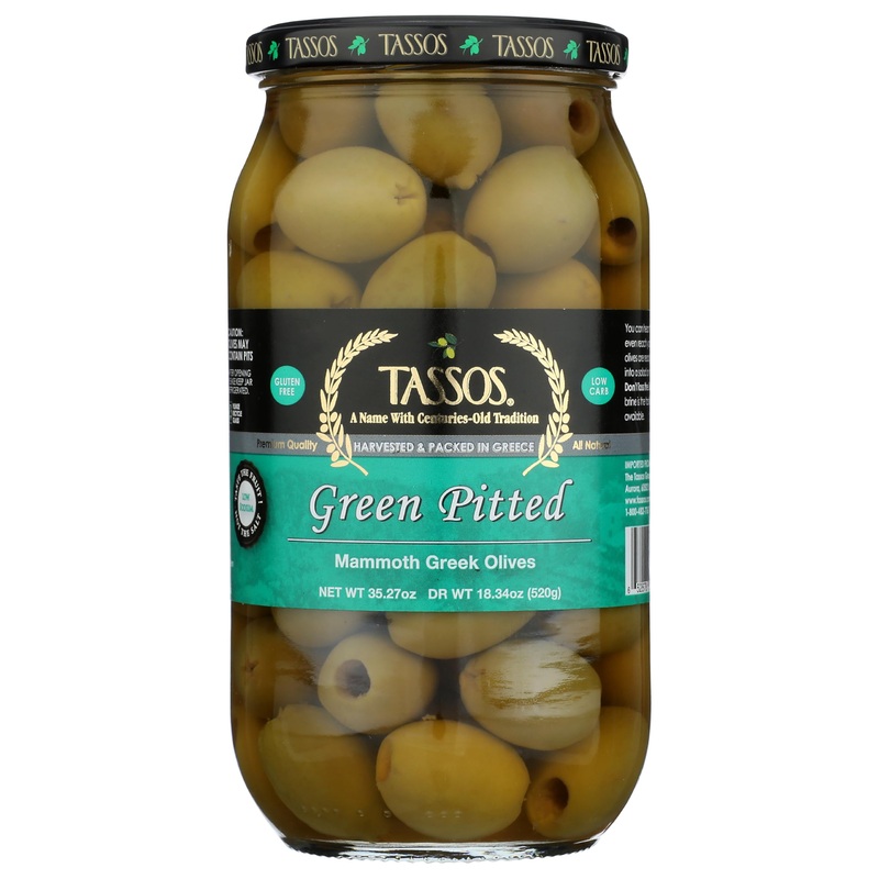 Tassos Green Pitted Mammoth Greek Olives (35.27Oz) 1 Liter Jar
