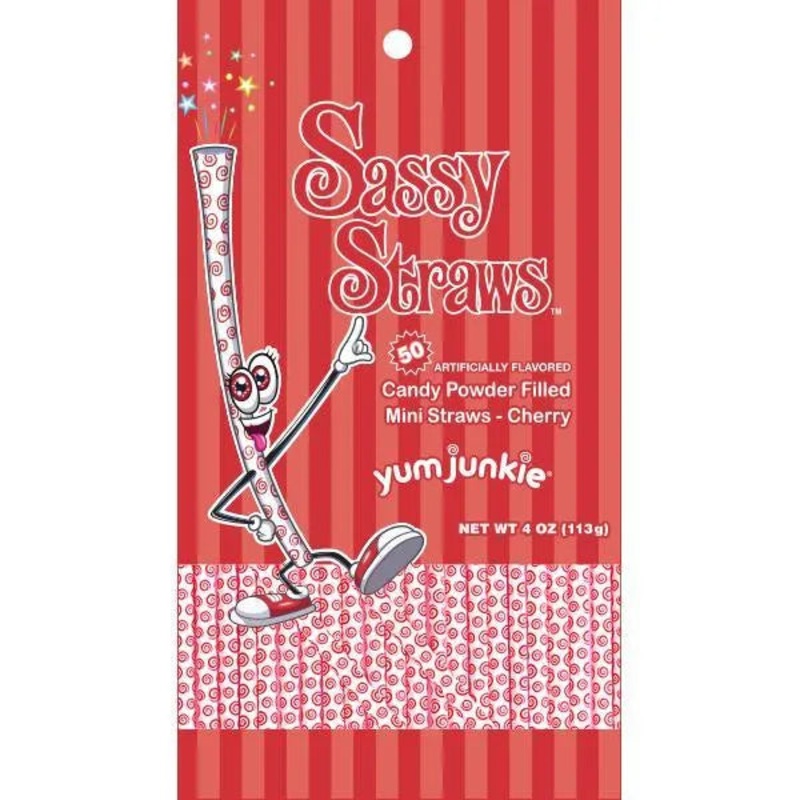 YumJunkie Sassy Straws Candy Powder Filled Mini Straws – Cherry: 50-Piece Bag