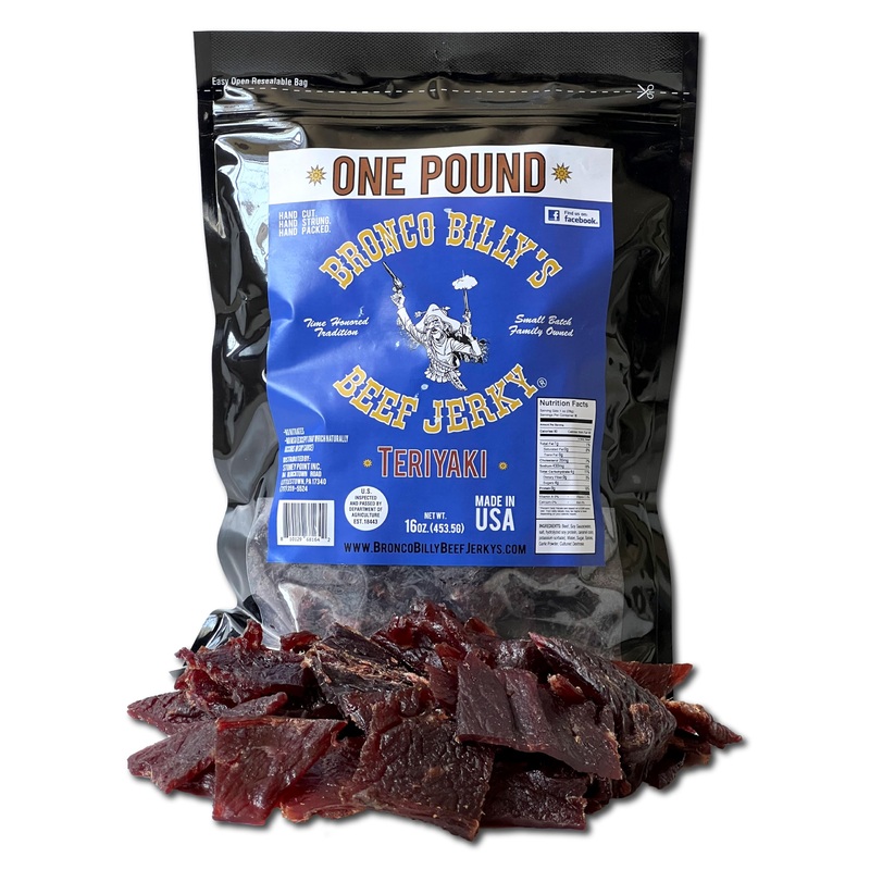 Bronco Billy’S Beef Jerky Teriyaki One Pound Resealable Bag, Made In Usa With Premium Usda Beef, Hand Cut, Hand Strung, Hand Pac