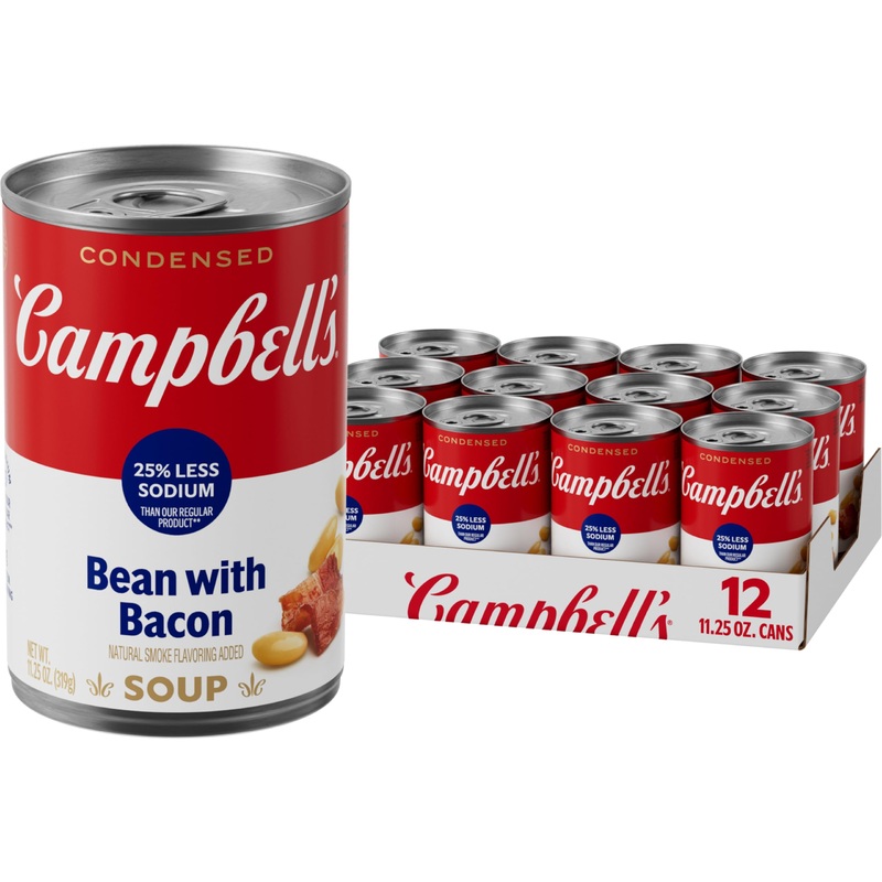 Campbells Condensed 25% Less Sodium Bean With Bacon Soup, Natural Smoke Flavoring Added, 11.25 Oz Can (Case Of 12)