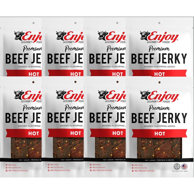 Enjoy Hot Beef Jerky 8 Oz (Pack Of 8) | Traditional Style | Usa Made | High Protein | Low Fat | Zero Trans Fat | No Preservative