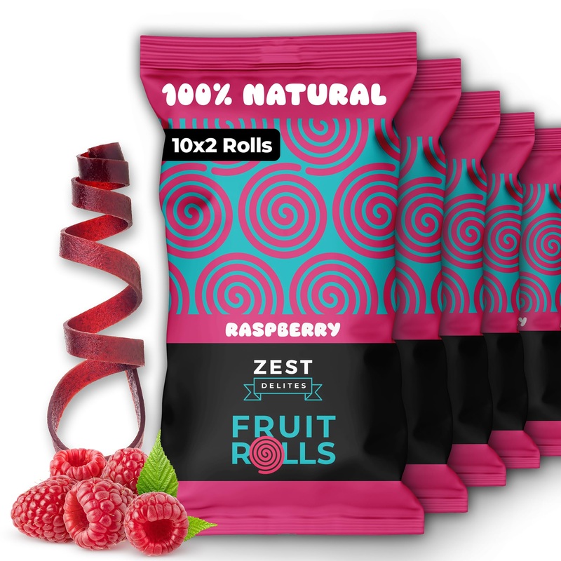 Fruit Rolls By Zest Delites, 100% Natural Healthy Fruit Snacks For Kids & Adults, Made From Real Raspberry Leather, Vegan, Schoo