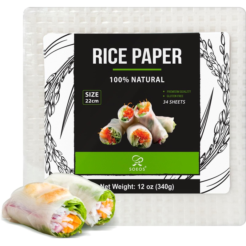 Soeos Rice Paper, White Rice Paper Wrappers, 1 Pack, 34 Sheets-Fresh Spring Roll Wrappers & Dumplings, Non-Gmo, Gluten-Free, Low