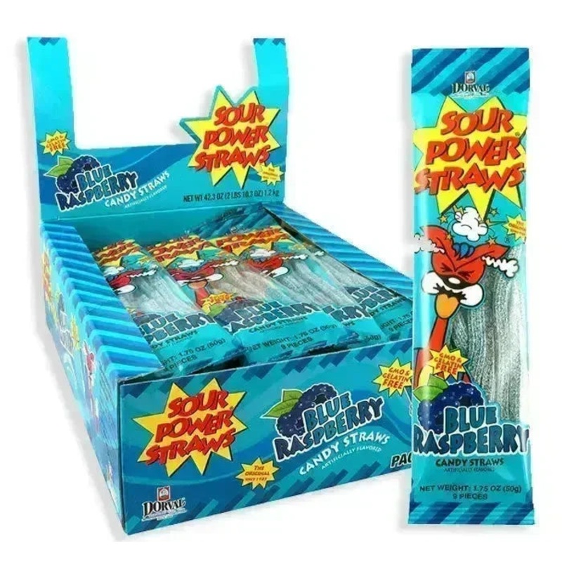 Sour Power Candy Straws Peg Bag – Blue Raspberry: 24-Piece Display