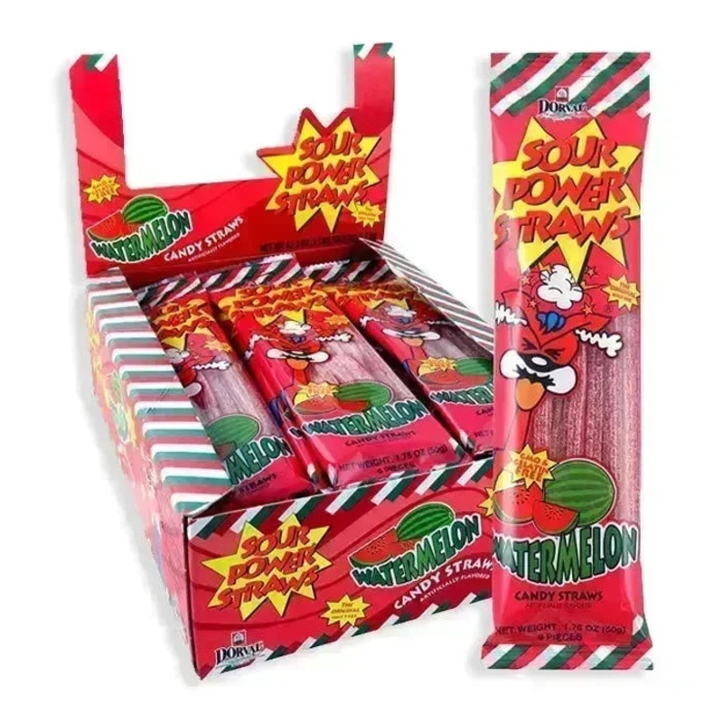 Sour Power Candy Straws – Watermelon: 24-Piece Display