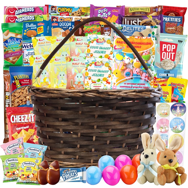 Easter Brown Oval Willow Basket (70 Ct) Filled With Treats, Snacks, Candy, Peelable Gummies, Marshmallow Gummies, Bunny And More
