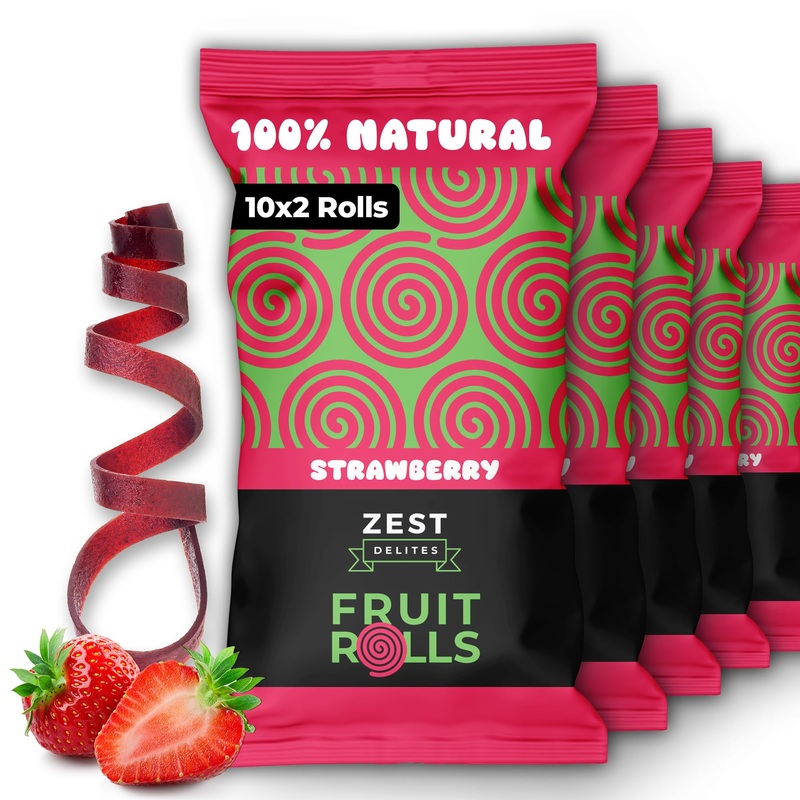 Fruit Rolls By Zest Delites, 100% Natural Healthy Fruit Snacks For Kids & Adults, Made From Real Strawberry Leather, Vegan, Scho