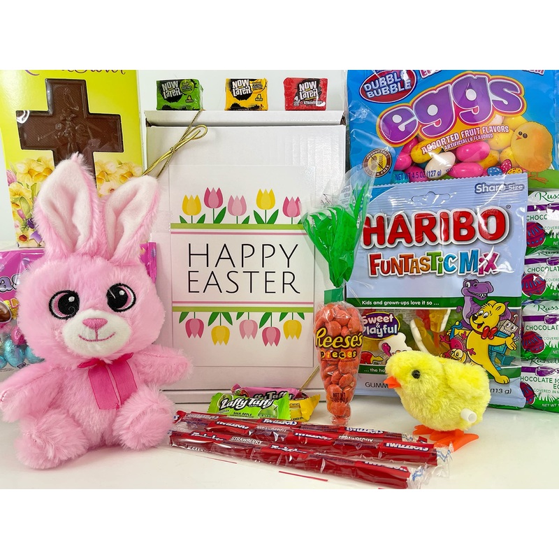 Happy Easter Gift Box Bundle, 20 Items With Chocolate Cross, Gummies, Assorted Candies, And More, Beautiful Easter Basket Greeti