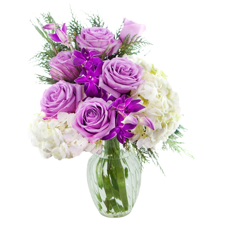 Kabloom Flowers – Mother’S Day Collection – Bouquet Of Purple Roses,White Hydrangea,Purple Orchids And Greens With Vase.Gift For