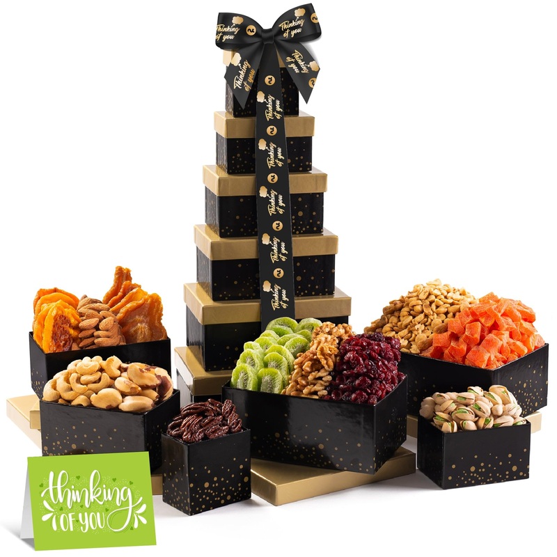 Nut Cravings Gourmet Collection – Thinking Of You, Nuts & Dried Fruits Tower Gift Basket, With Ty Ribbon + Greeting Card (12 Ass