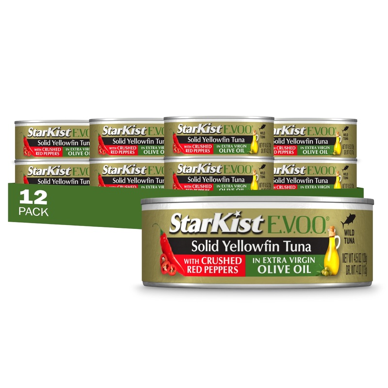Starkist E.V.O.O. Solid Yellowfin Tuna With Crushed Red Peppers And Extra Virgin Olive Oil, 4.5 Oz Can, Pack Of 12