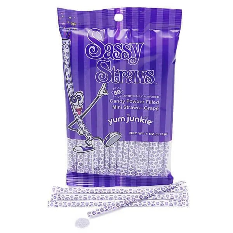 YumJunkie Sassy Straws Candy Powder Filled Mini Straws – Grape: 50-Piece Bag