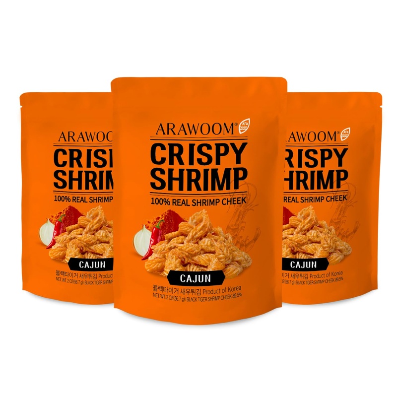 Arawoom – Real Crispy Shrimp Cheek Snack – 100% Real Black Tiger Shrimp [2 Ounce (Pack Of 3)] – Cajun Flavors – Crunchy Treat Fo