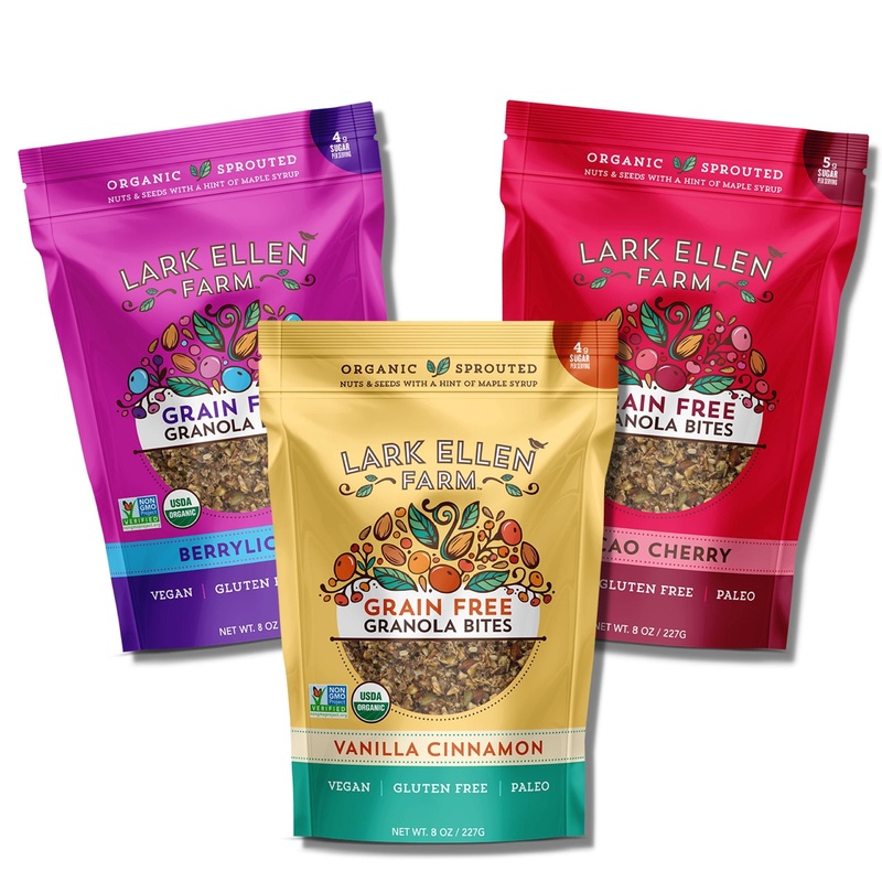 Lark Ellen Farm Vanilla Cinnamon, Cacao Cherry, Berrylicious Grain Free Granola Clusters, Raw Sprouted Certified Organic Vegan,