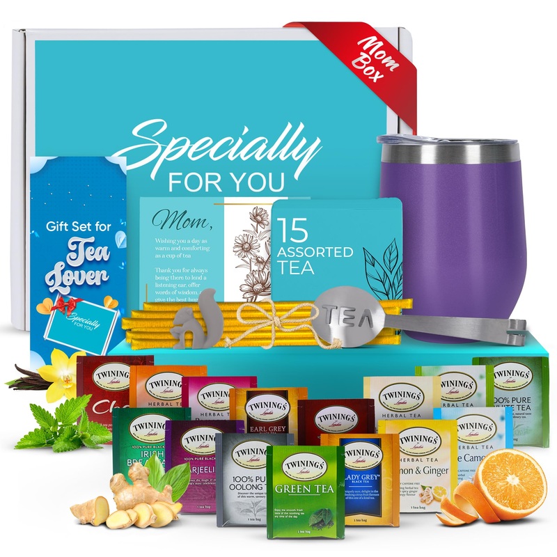 Mothers Day Gifts For Mom Gift Sets For Tea Lovers Women And Men Tumbler 15 Unique Teas 10 Honey Straws (Mom Card-Purple)