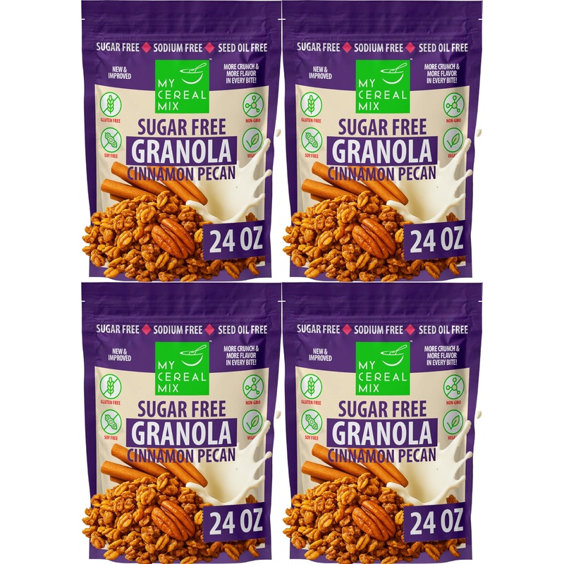 Mycerealmix Sugar Free Cinnamon Pecan Granola – 4 Pack (96Oz Total) – Vegan, Gluten Free – Low Glycemic Diabetic Friendly Breakf