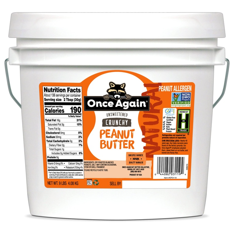 Once Again Natural, Crunchy Peanut Butter, 9Lb Bucket (Same As 9 Jars) – Lightly Salted, Unsweetened – Gluten Free Certified, Ve