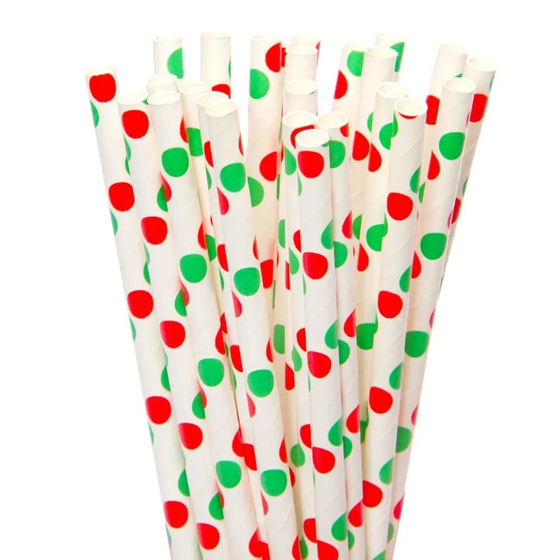 Paper 7.75-Inch Drinking Straws – Christmas Red and Green Polka Dots: 25-Piece Pack