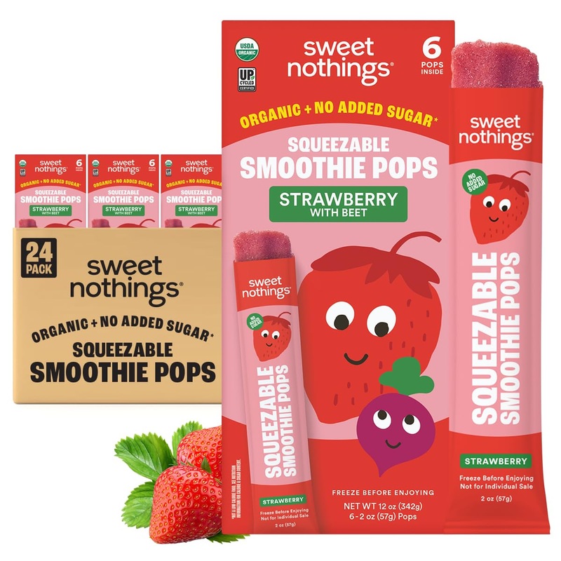 Sweet Nothings, Strawberry, Usda Organic Kids’ Squeezable Super Fruit Smoothie Freezie Popsicle Pops, Value Pack Of 24 – Dye-Fre