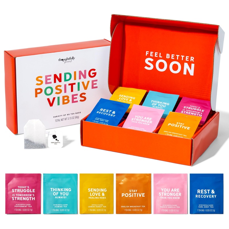 Thoughtfully Gourmet, Sending Positive Vibes Tea Gift Set, Tea Sampler Includes 6 Flavors Of Tea With Uplifting Quotes, Great Ge