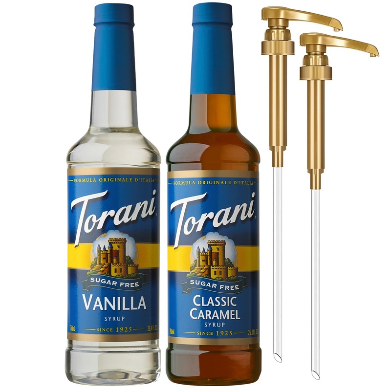 Torani Sugar Free Vanilla Syrup And Sugar Free Classic Caramel Syrup Variety 2-Pack, Coffee Syrups For Drinks, Pumps Included, 2