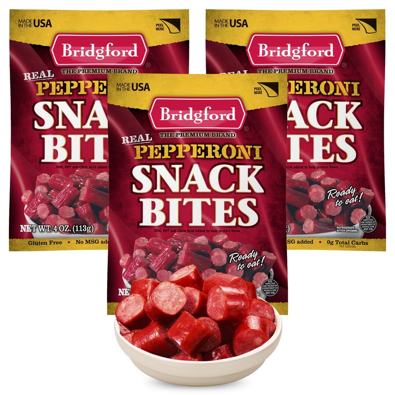 Bridgford Pepperoni Snack Bites 4 Oz Pack Of 3 – Ready-To-Eat Pepperoni Snacks For On-The-Go Snacking – Pork And Beef Pepperoni