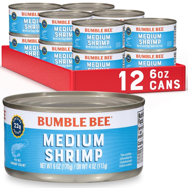 Bumble Bee Medium Canned Shrimp, 6 Oz Cans (Pack Of 12) – Shrimp In Water, Cooked, Peeled, Deveined – 22G Protein Per Serving –