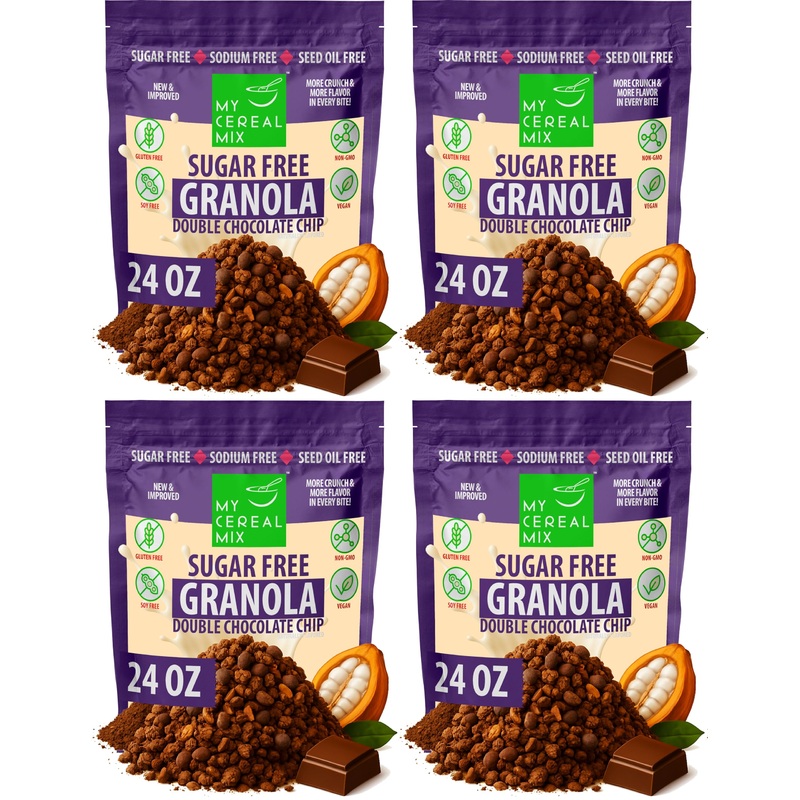 Mycerealmix Sugar Free Double Chocolate Chip Granola – 4 Pack (96Oz Total) – Vegan, Gluten Free – Blood Sugar Friendly Breakfast