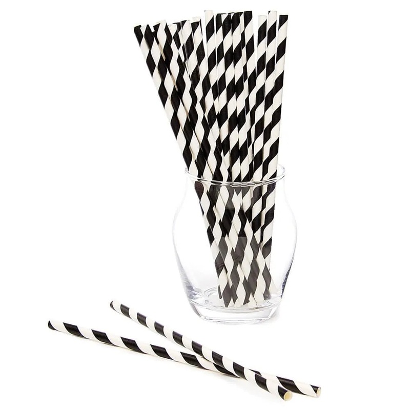 Paper 7.75-Inch Drinking Straws – Black Stripes: 25-Piece Pack