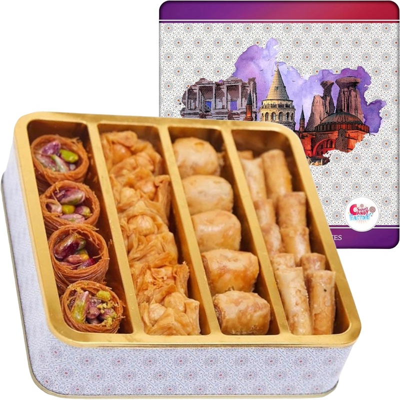 Sarah’S Candy Factory Assorted 0.5 Lb Premium Baklava Pastry Gift Box Halal Snacks, 250 Gr In A Metal Box, Turkish Dessert Ideal
