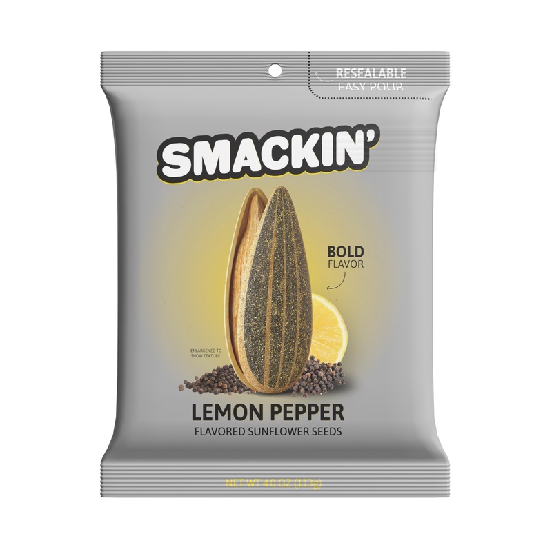 Smackin’ – Jumbo Roasted Sunflower Seeds, No Salty Burn, American Made, Easy Pour & Seal – Lemon Pepper, 4Oz Bag (12 Bags)