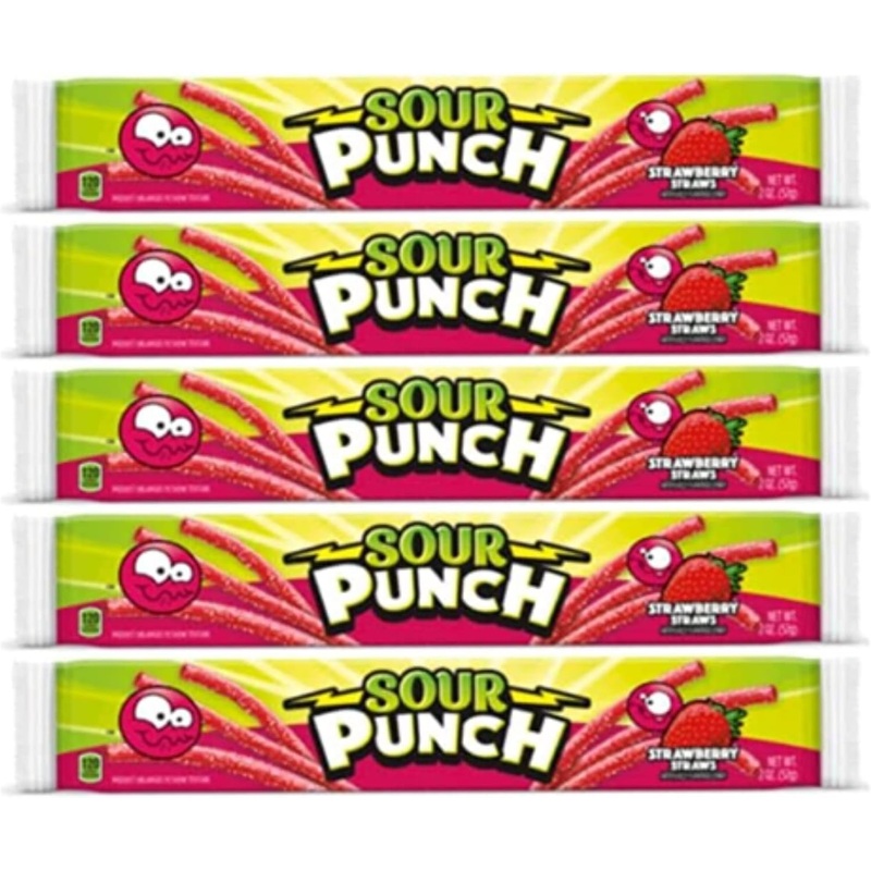 Sour Punch Straws Bundle 5 Items Gift Assortment 2 Ounce Pack Each, 5 Packs Total (Strawberry)