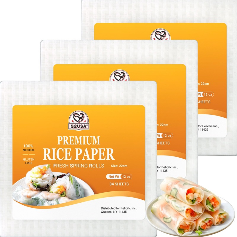 52Usa Square Rice Paper, 3 Pack, White Rice Paper Wrappers, Fresh Spring Roll Wrappers & Dumplings-102 Sheets, Gluten-Free Wonto