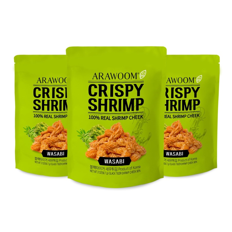 Arawoom – Real Crispy Shrimp Cheek Snack – 100% Real Black Tiger Shrimp [2 Ounce (Pack Of 3)] – Wasabi Flavors – Crunchy Treat F