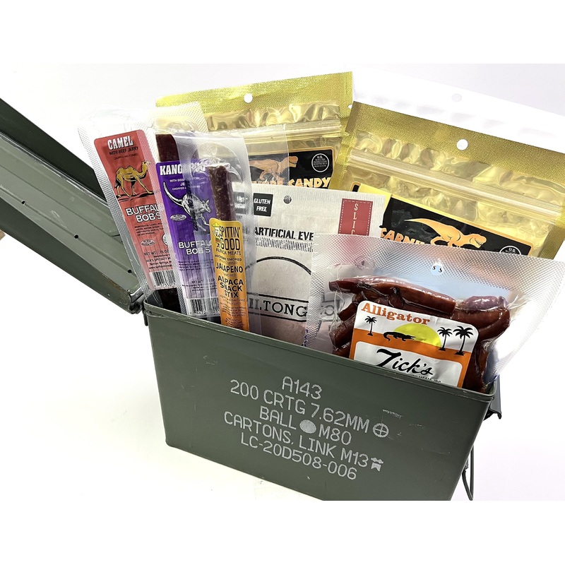 Jerky Dynasty Exotic & Gourmet Jerky Survivor’S Kit In A Ammo Can – Premium Whole Pieces & Sticks For Camping, Hiking, Fishing,