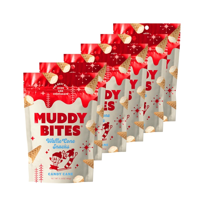 Muddy Bites Waffle Cone Snacks Bite Sized Chocolate Filled Waffle Cones For Snack Or Dessert, Candy Cane, Made With Cane Sugar,