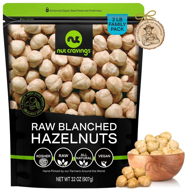 Nut Cravings – Raw Blanched Hazelnuts Filberts – Unsalted, Shelled, (32Oz – 2 Lb) Bulk Nuts Packed Fresh In Resealable Bag – Kos