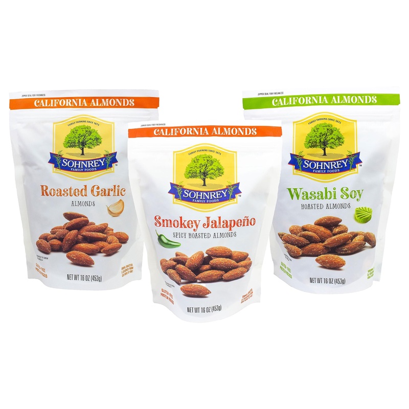 Bold Flavored Roasted Almonds – Smokey Jalapeno, Garlic, Wasabi And Soy Sauce – Holiday Party Snacks – Sohnrey Family Foods Vari