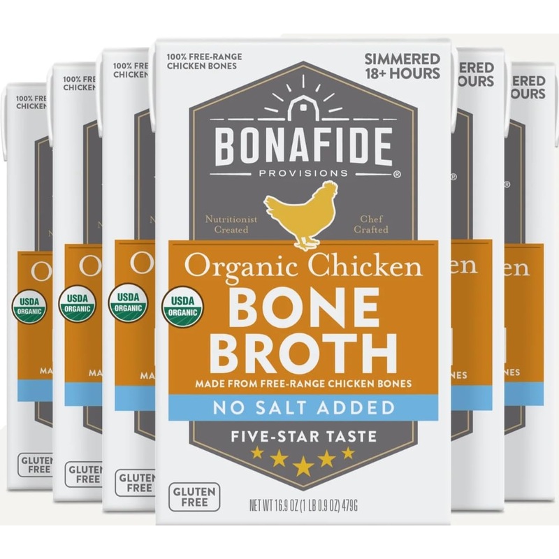 Bonafide Provisions Fresh Organic Chicken Bone Broth – No Salt Added, 16.9Oz – 6 Pack