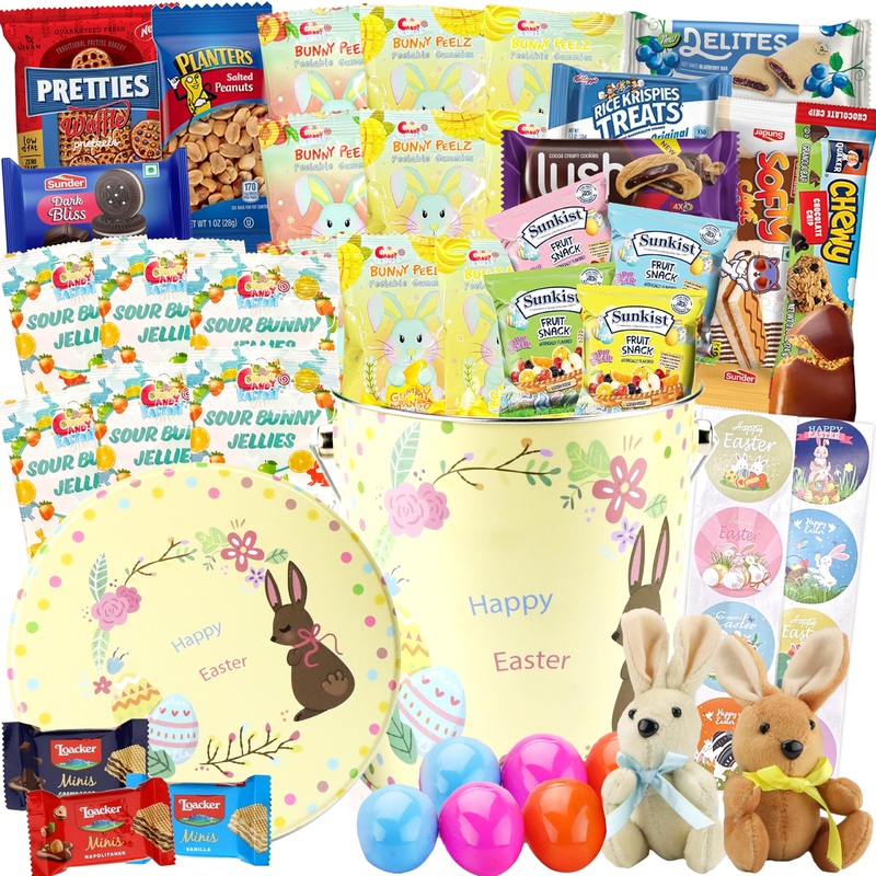 Easter Snack Yellow Tin (48 Count) Filled With Candy, Peelable Gummies,Bunny And More, Great Package For Family, Friends, Boys A