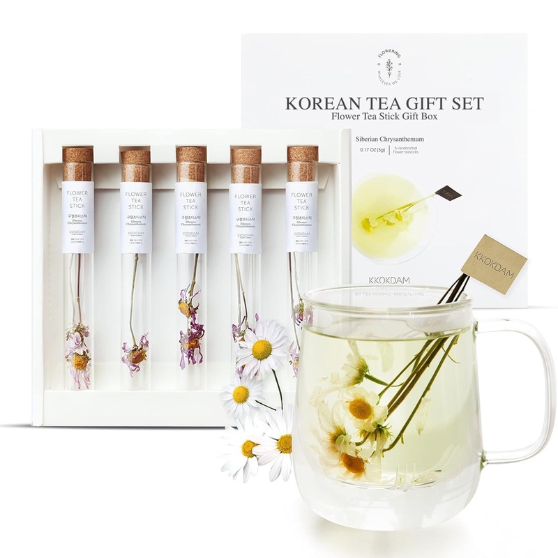 Kkokdam Tea Gift Set – Siberian Chrysanthemum Blooming Stick Flowers – Fancy Korean Gifts For Tea Lovers – 5 Premium Flower Stic