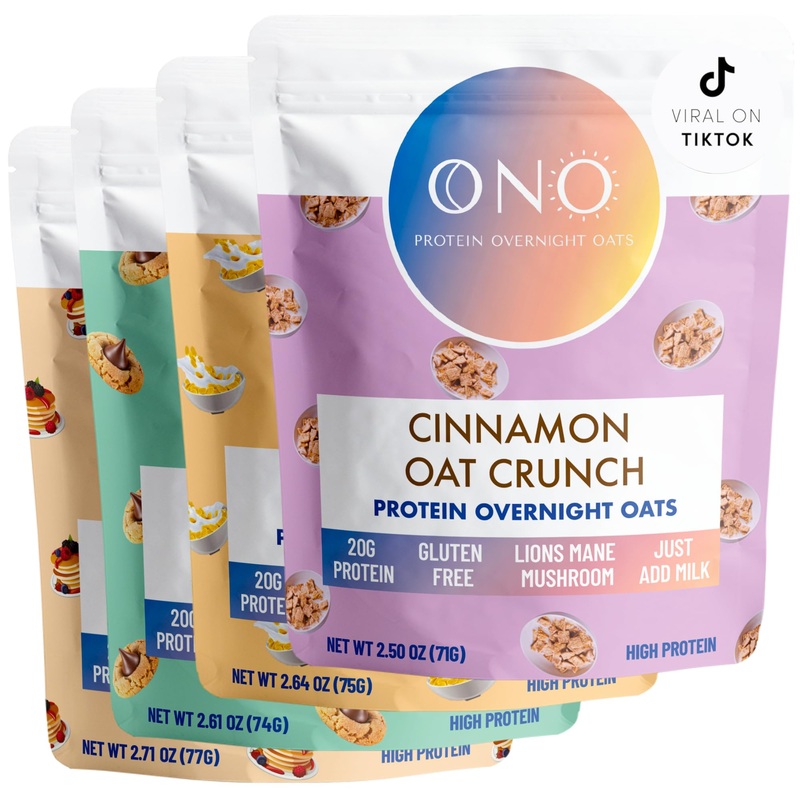 Ono Overnight Oats – Classic Variety Protein Oatmeal Bundle (8 Pack)- 20G Whey Protein, High Fiber, Low Sugar, Organic Gluten-Fr