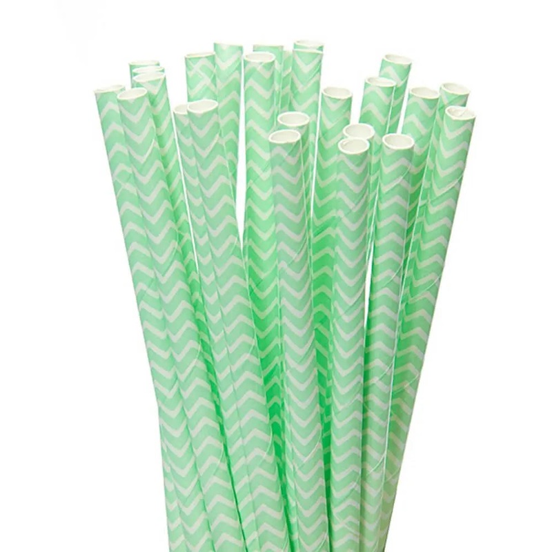 Paper 7.75-Inch Drinking Straws – Mint Green Chevron Stripes: 25-Piece Pack